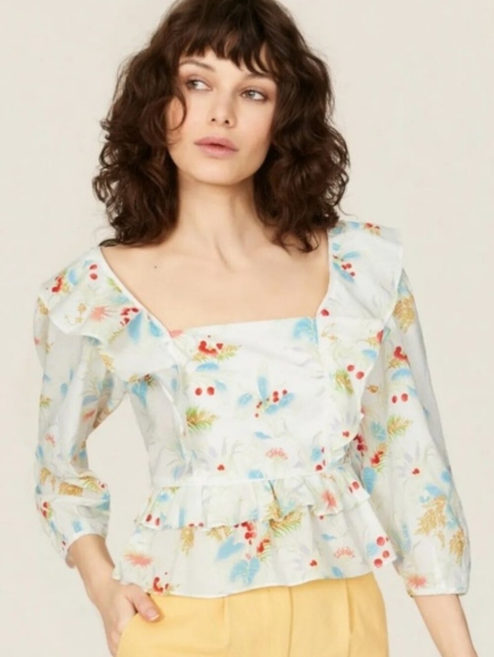Peter Som White Floral Square-Neck Ruffle Peplum Blouse